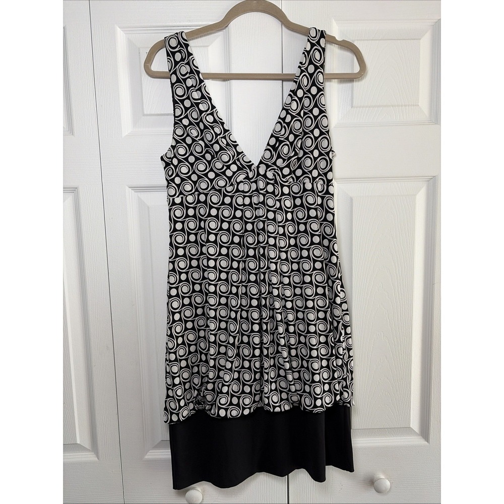 AB Studio Geometric Swirl Dress Womens Size L Black White Cowl Back Cocktail